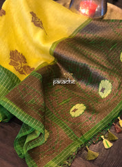 Linen Silk Banarasi - Yellow Green Antique Lotus