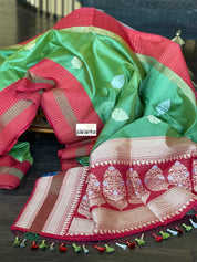Tussar Silk Banarasi - Green Red Zari checkered