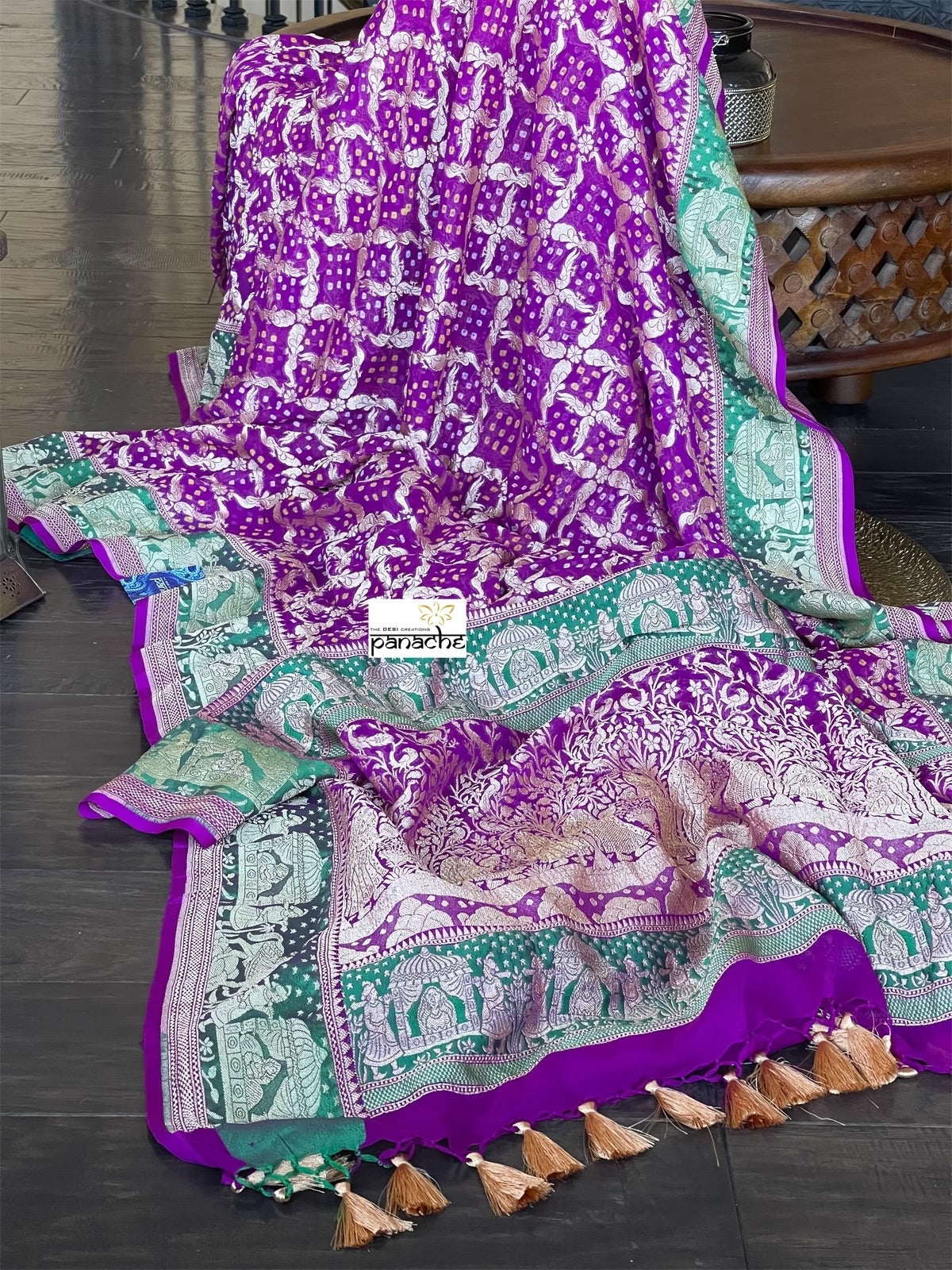 Bandhej Khaddi Georgette Banarasi - Purple Green