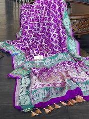 Bandhej Khaddi Georgette Banarasi - Purple Green