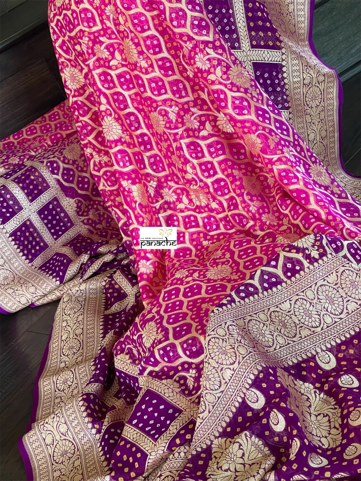 Bandhej Khaddi Georgette Banarasi - Pink Purple