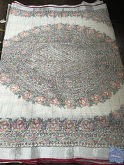 Handloom Silk Linen - White Madhubani printed Checkered