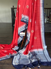 Tussar Georgette Banarasi - Red Navy Blue Kadwa