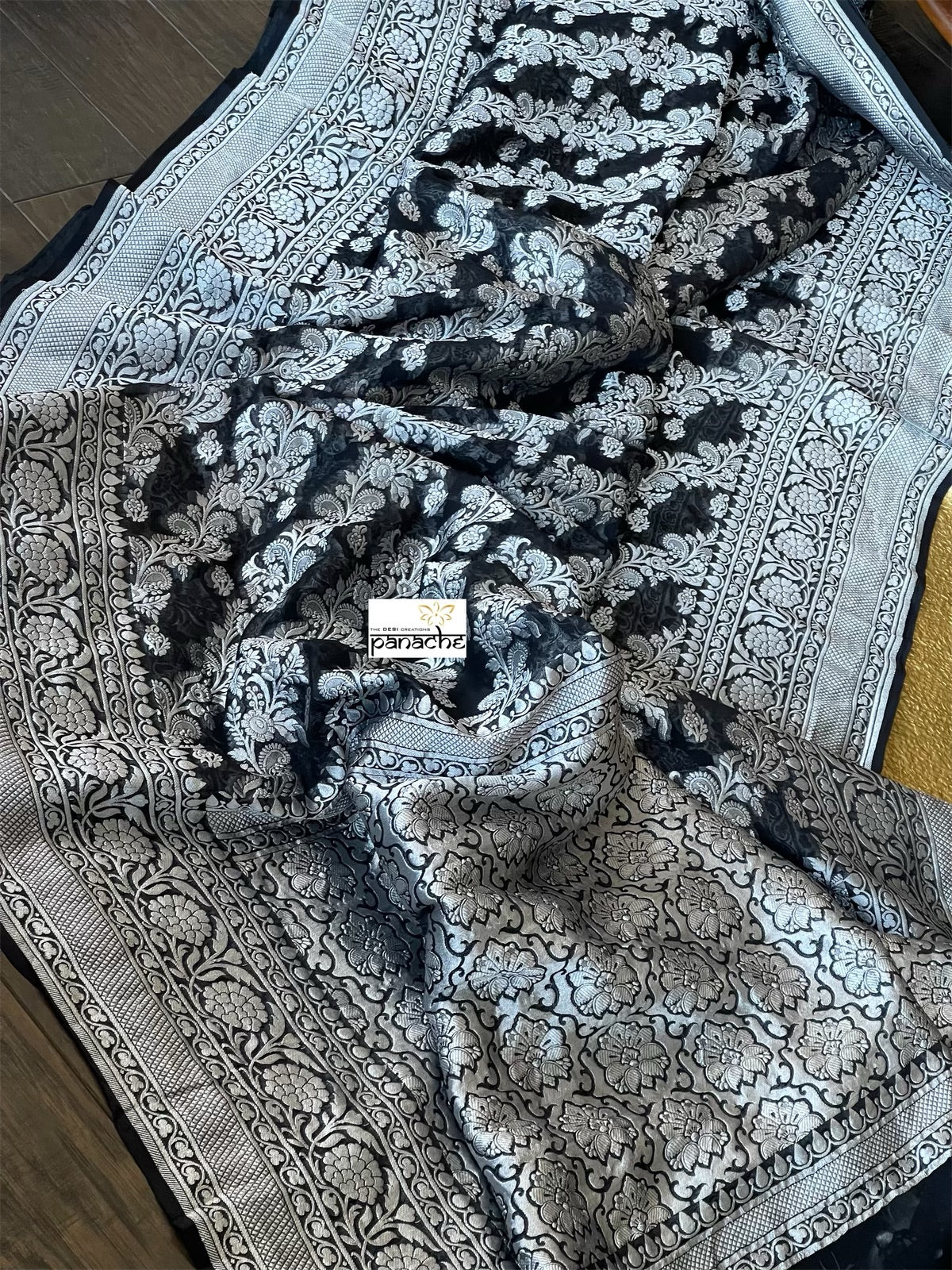 Khaddi Georgette Banarasi - Black Silver Zari