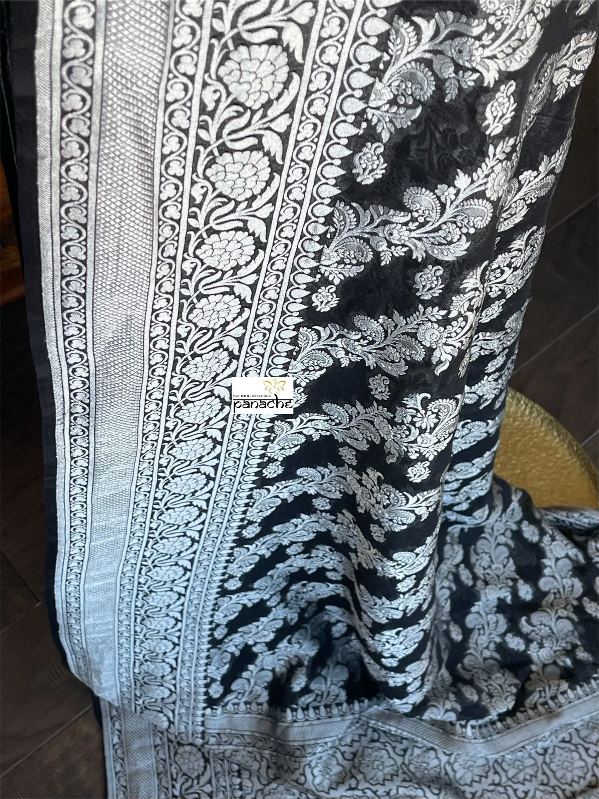 Khaddi Georgette Banarasi - Black Silver Zari