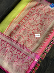Pure Kora by Katan Silk Banarasi - Pista Green Pink Kadwa Woven