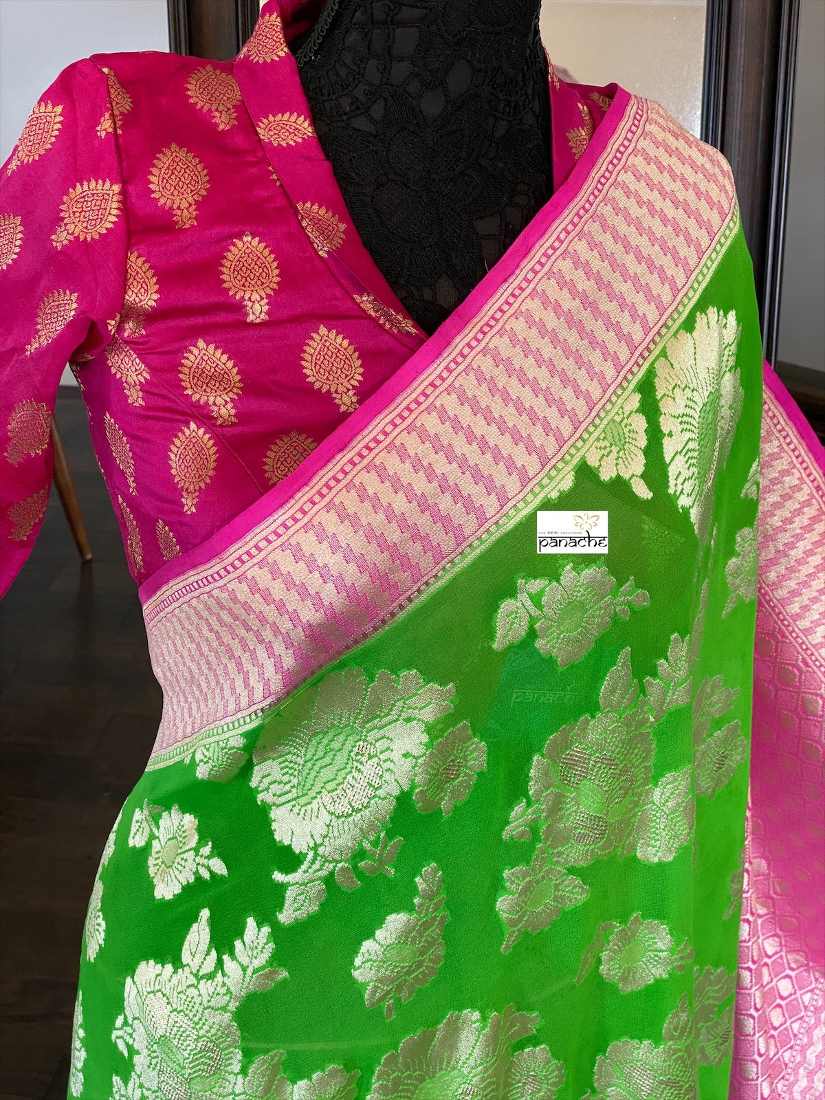 Khaddi Georgette Banarasi - Green Pink