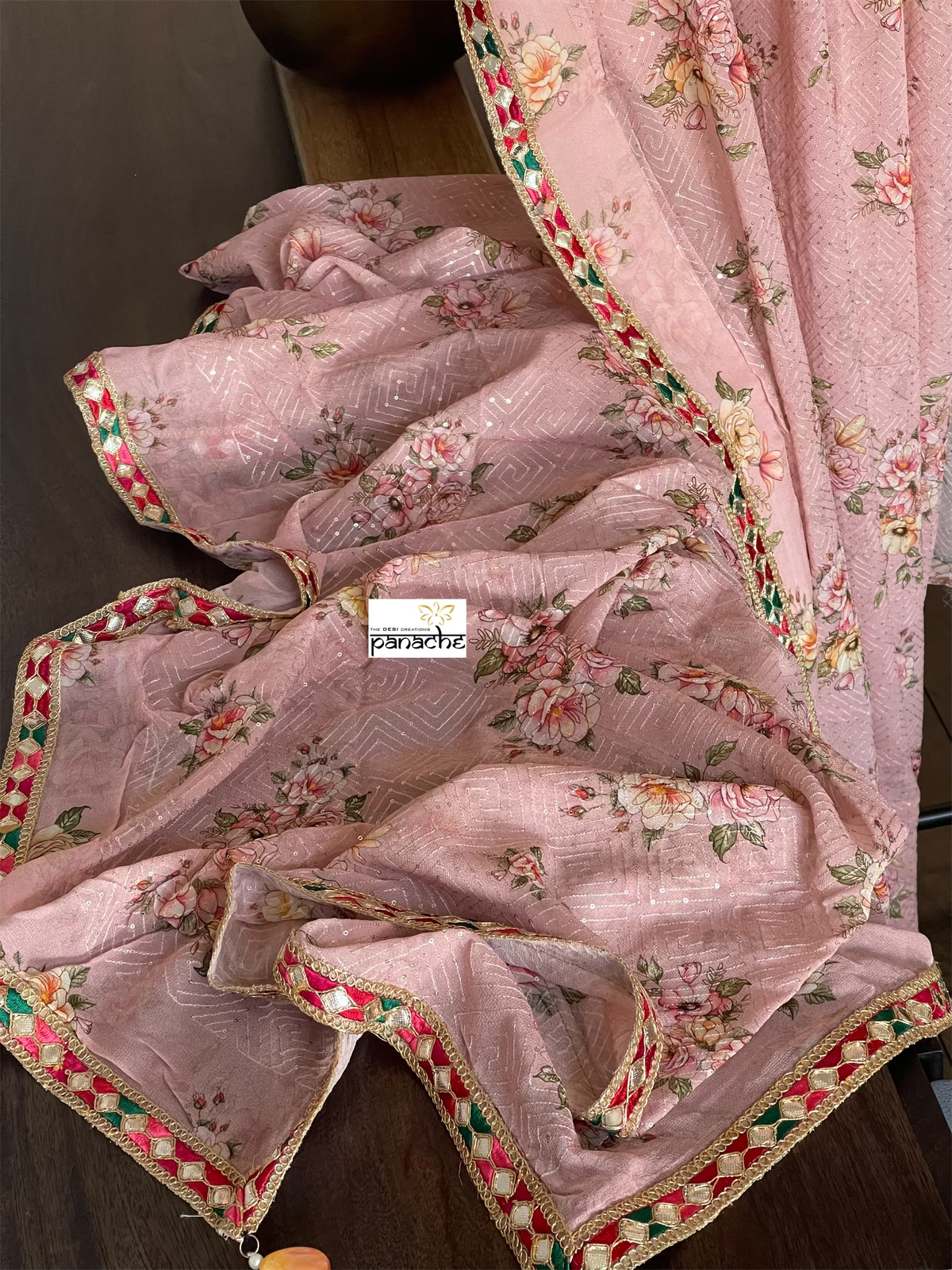 Designer Crepe Georgette Sequin Floral  - Dusty Pink