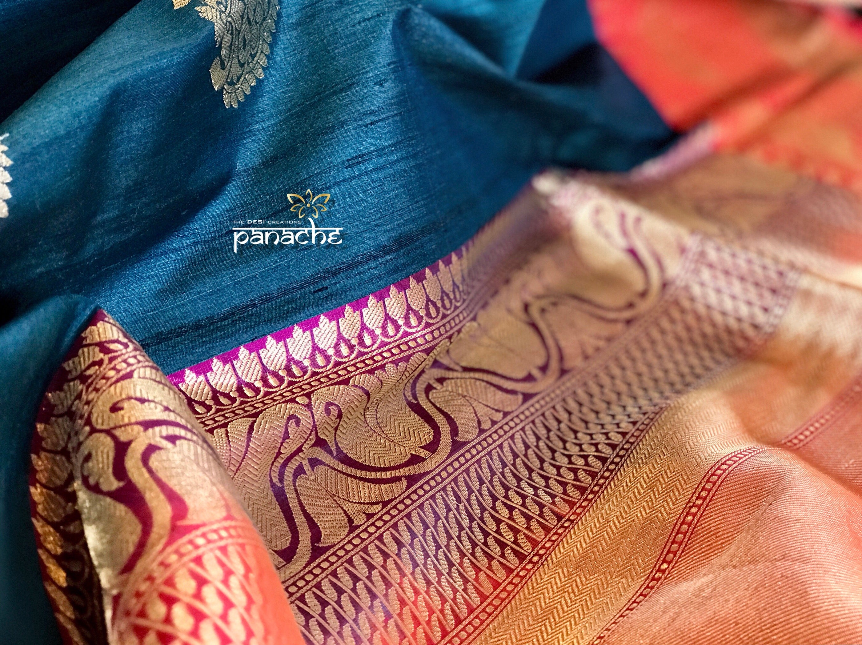 Exclusive Pure Tussar Silk Benarasi - Teal and Pink