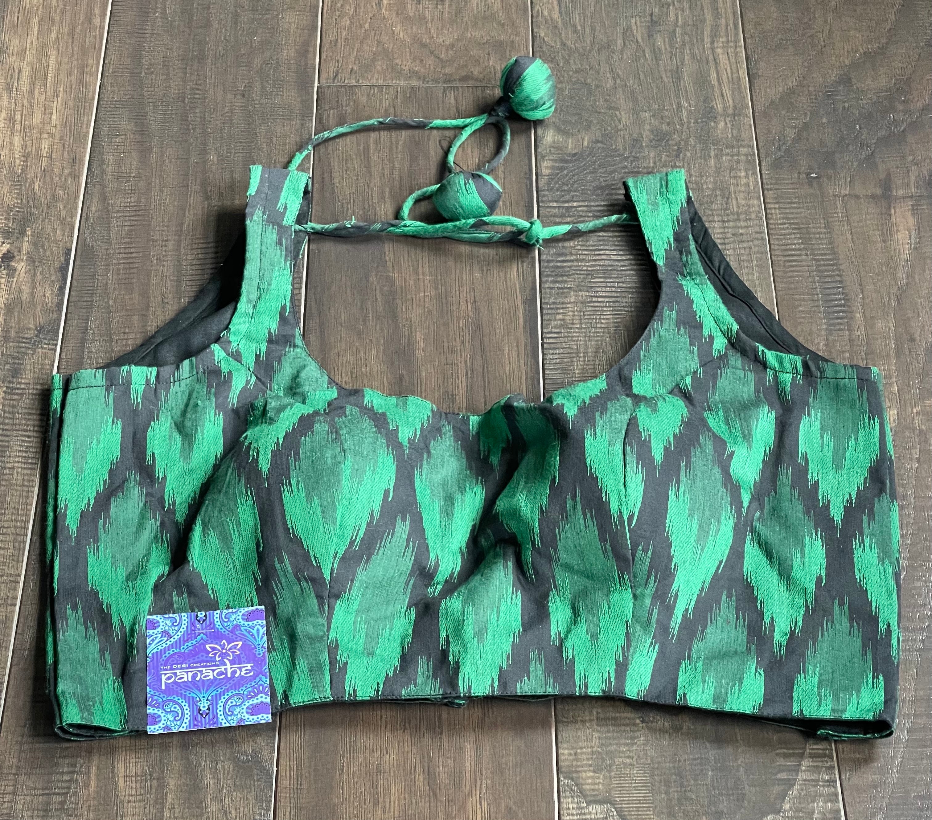 Designer Blouse - Black Green Ikat Print