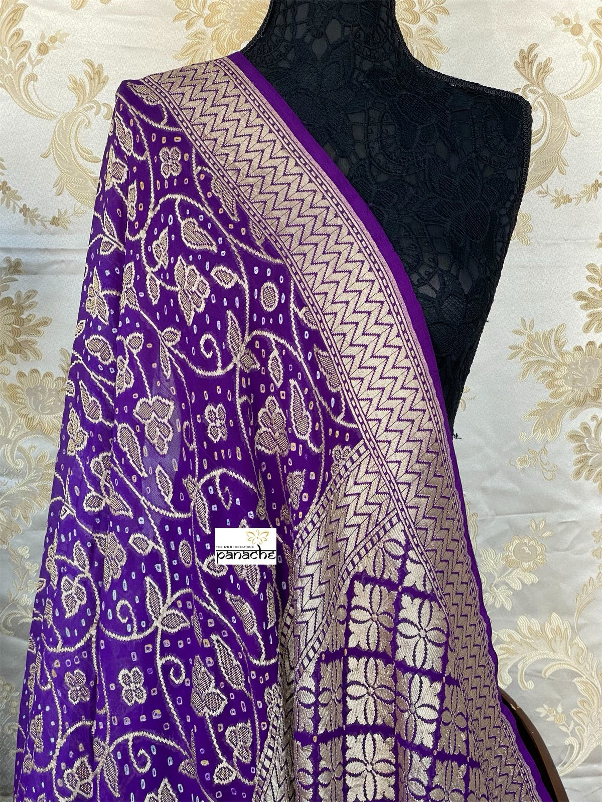 Bandhej Khaddi Georgette Banarasi - Purple Bandhej