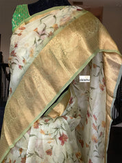 Banarasi Organza Floral - Light Green Golden Border