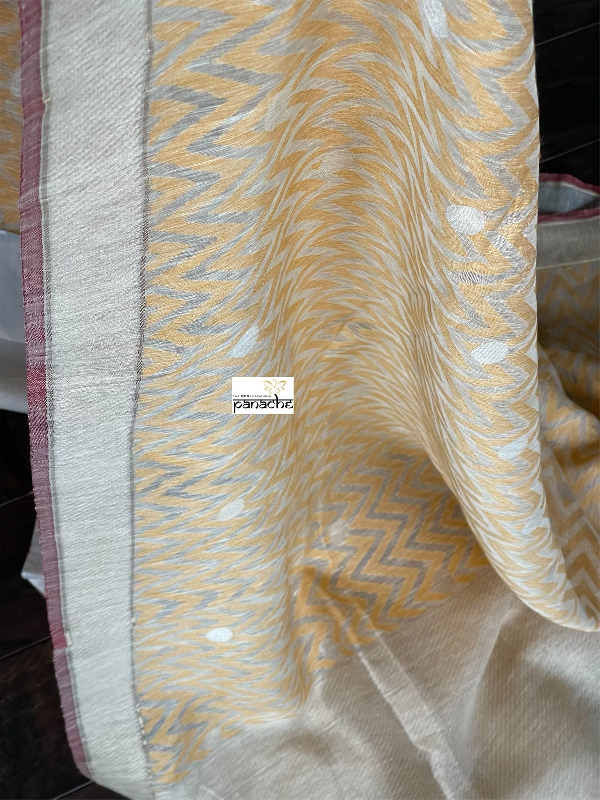 Linen By Kora Silk Banarsi - Off White Yellow Chevron