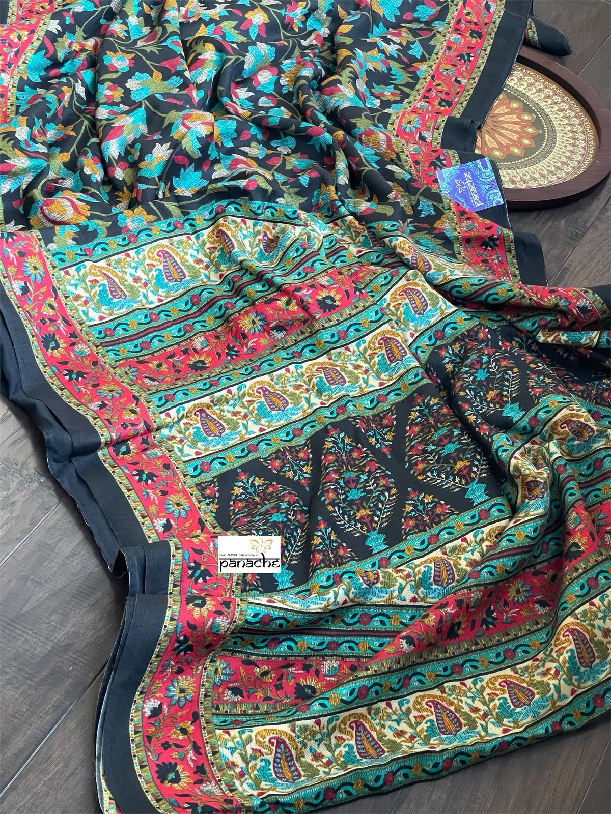 Pashmina Silk Printed - Black Firozi Floral