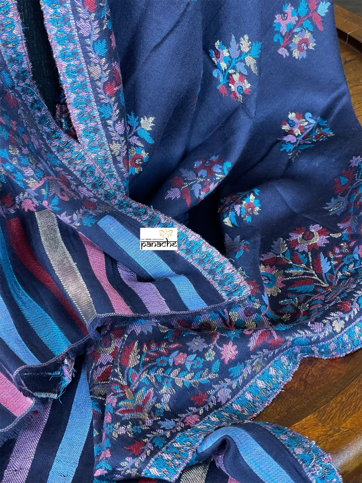 Kashmiri Semi Pashmina Stole - Dark Blue Multi Resham Woven
