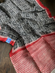 Pure Murshidabad Silk - Black White Red Printed