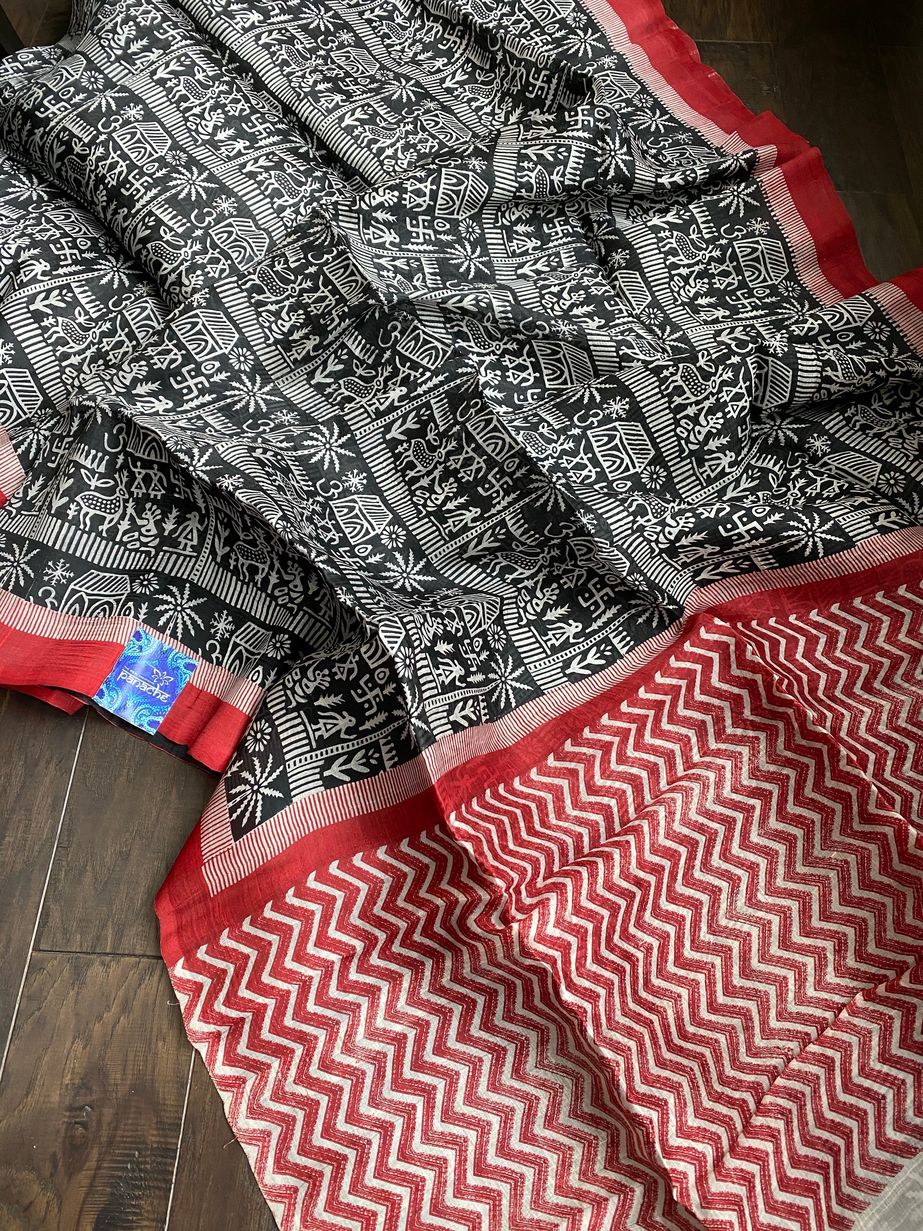 Pure Murshidabad Silk - Black White Red Printed
