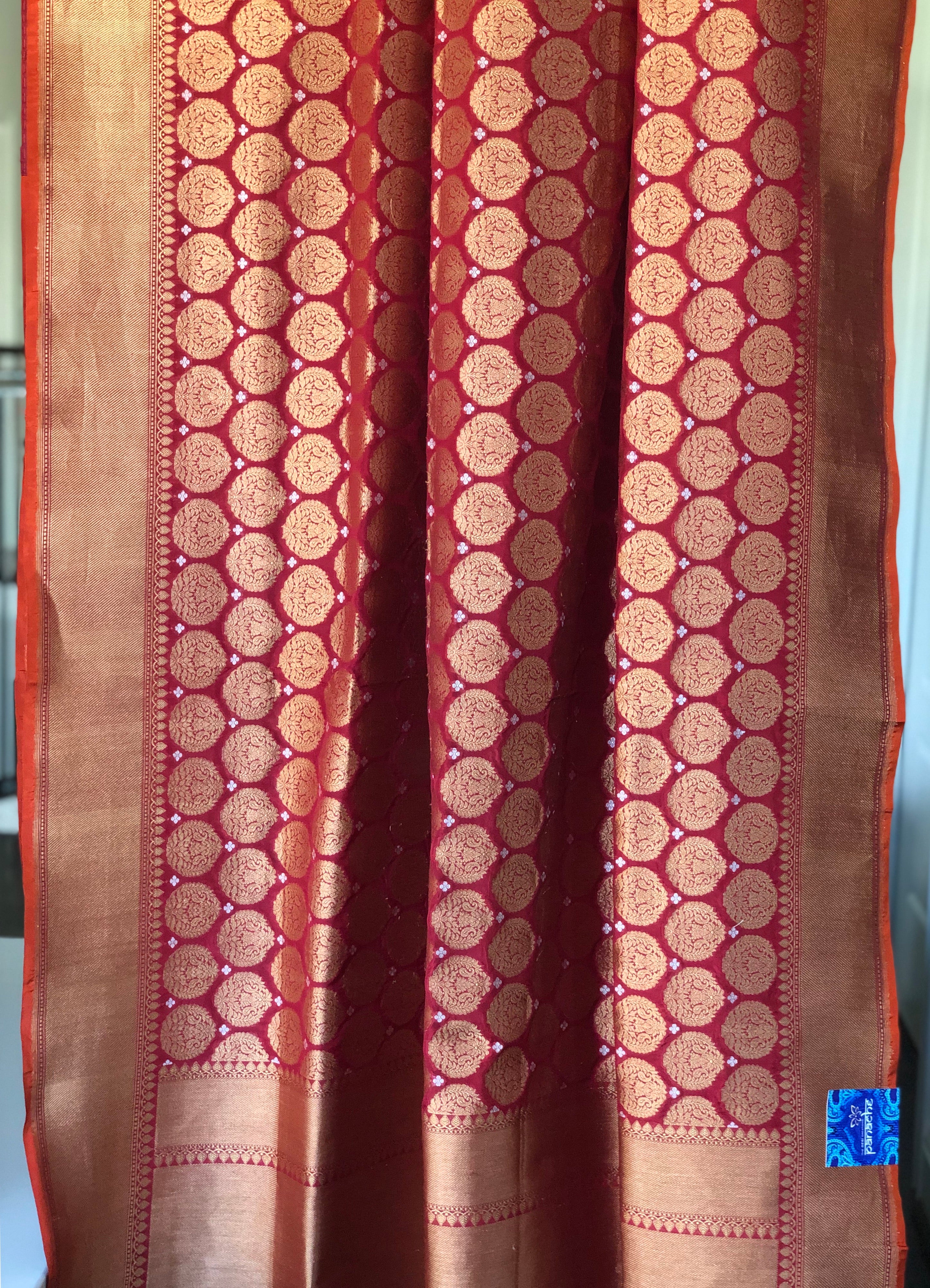 Pure Katan Silk Banarasi - Wine Red Antique Golden Zari
