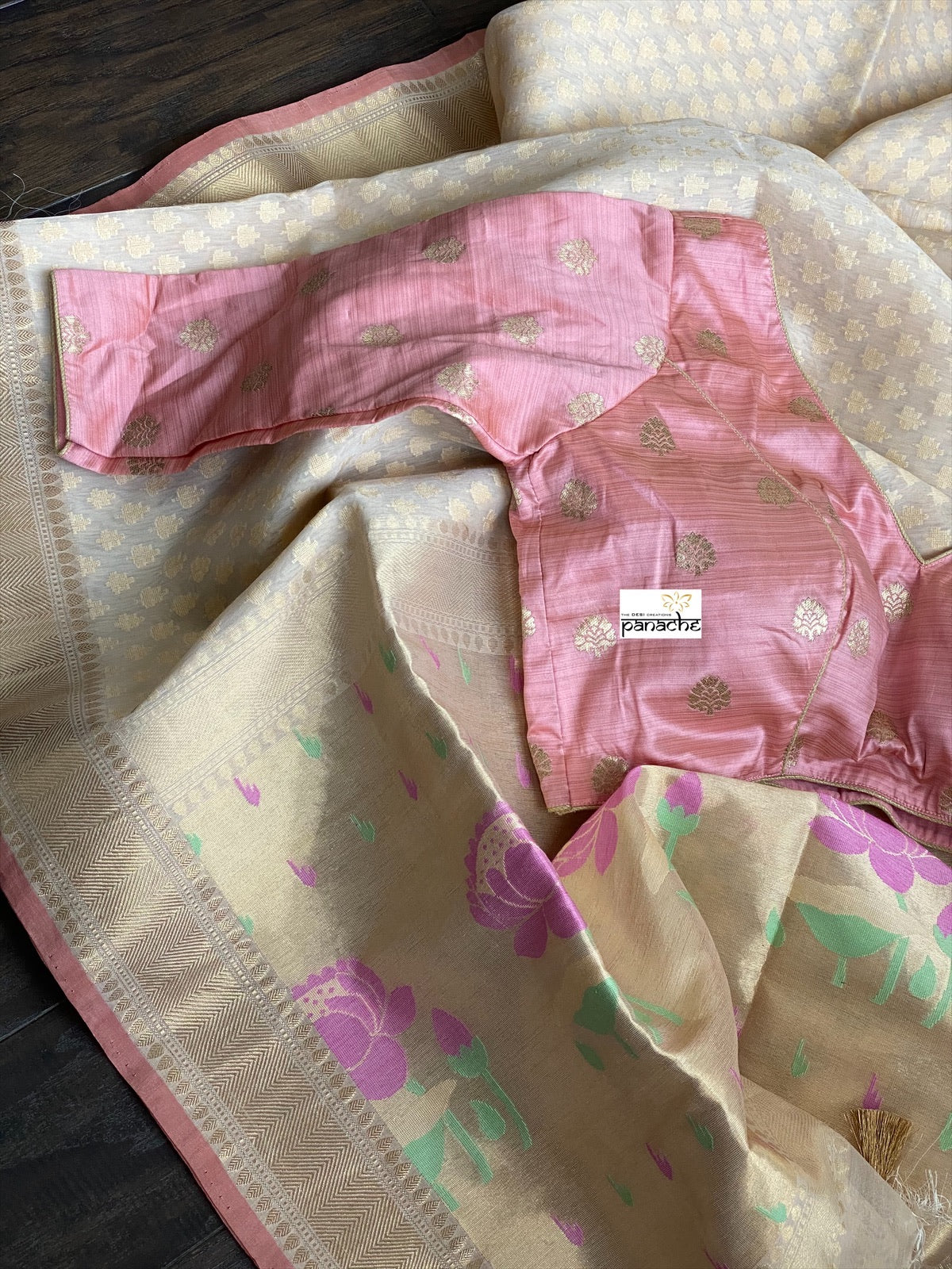 Silk Cotton Kora Banarasi - Cream Paithani Pallu