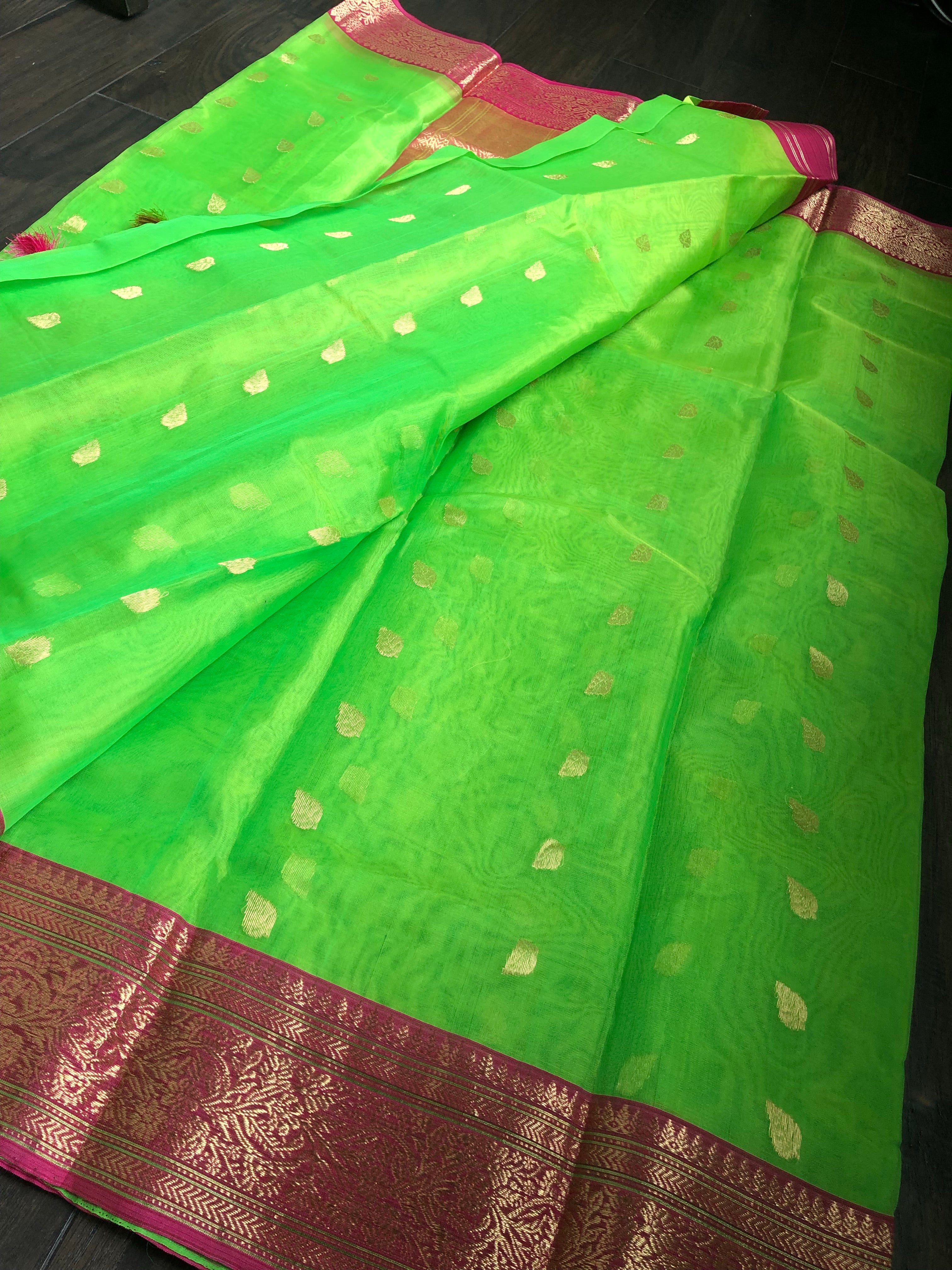 Pure Chanderi Katan Silk - Green Magenta