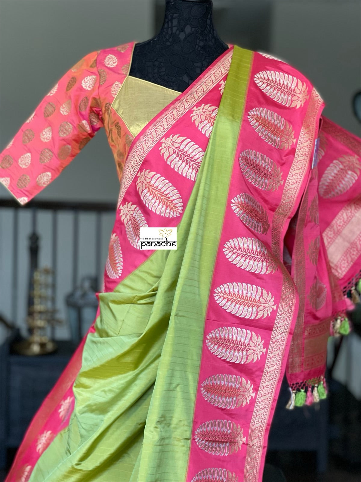 Pure Silk Katan Banarasi - Pista Green Pink
