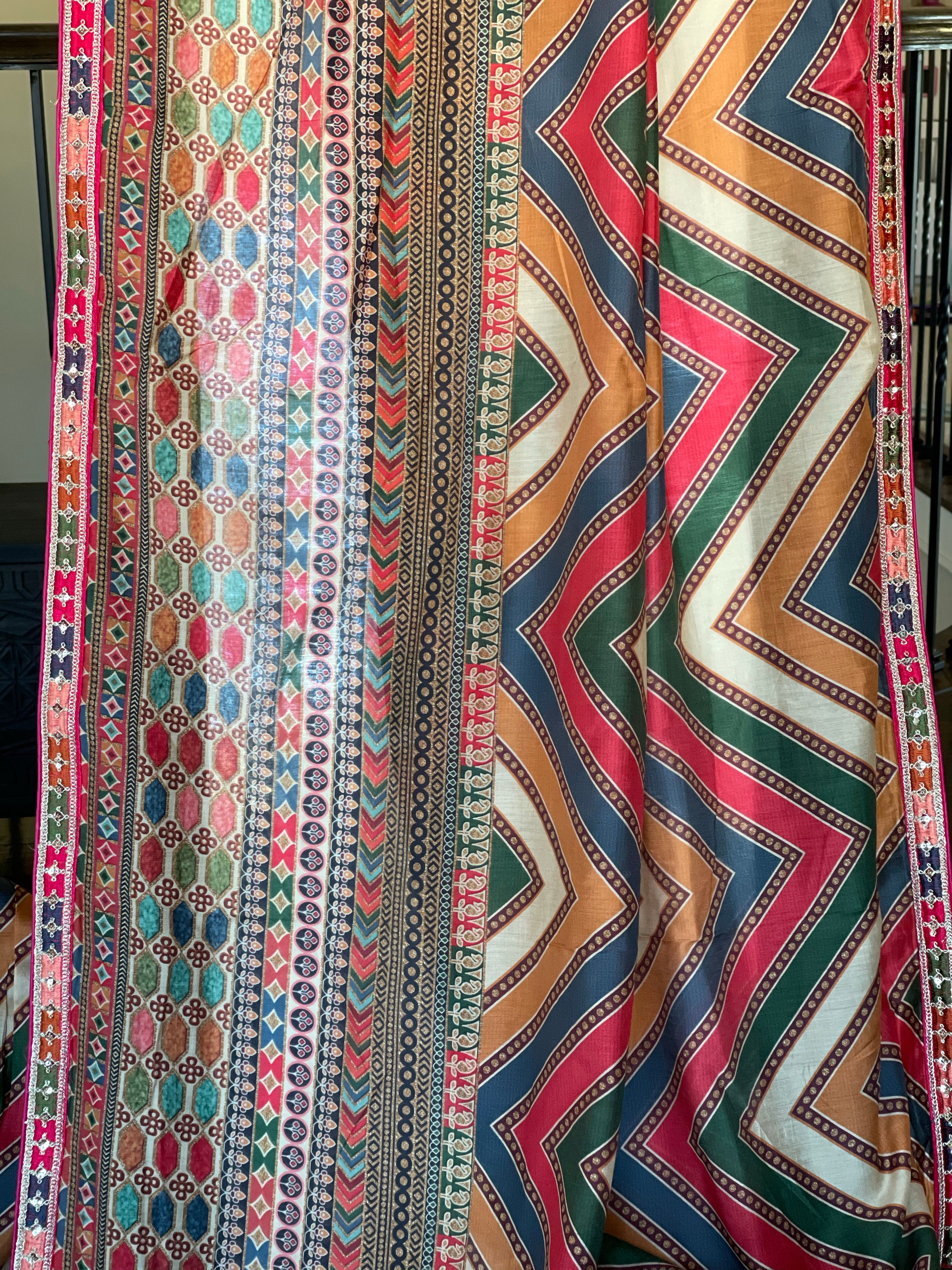 Satin Maslin Silk Printed - Beige Multi color Chevron