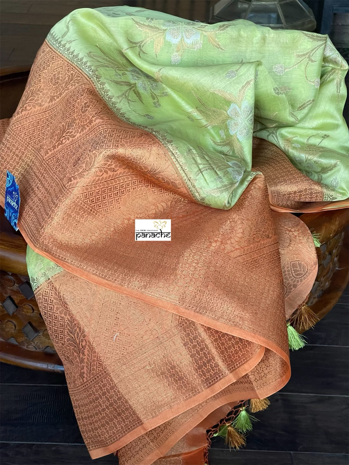 Mulmul Tissue Cotton Banarasi - Pista Green Orange Golden Zari