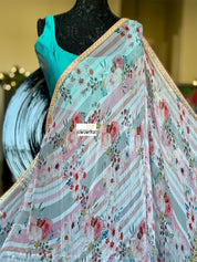 Designer Georgette Striped - Pink Floral