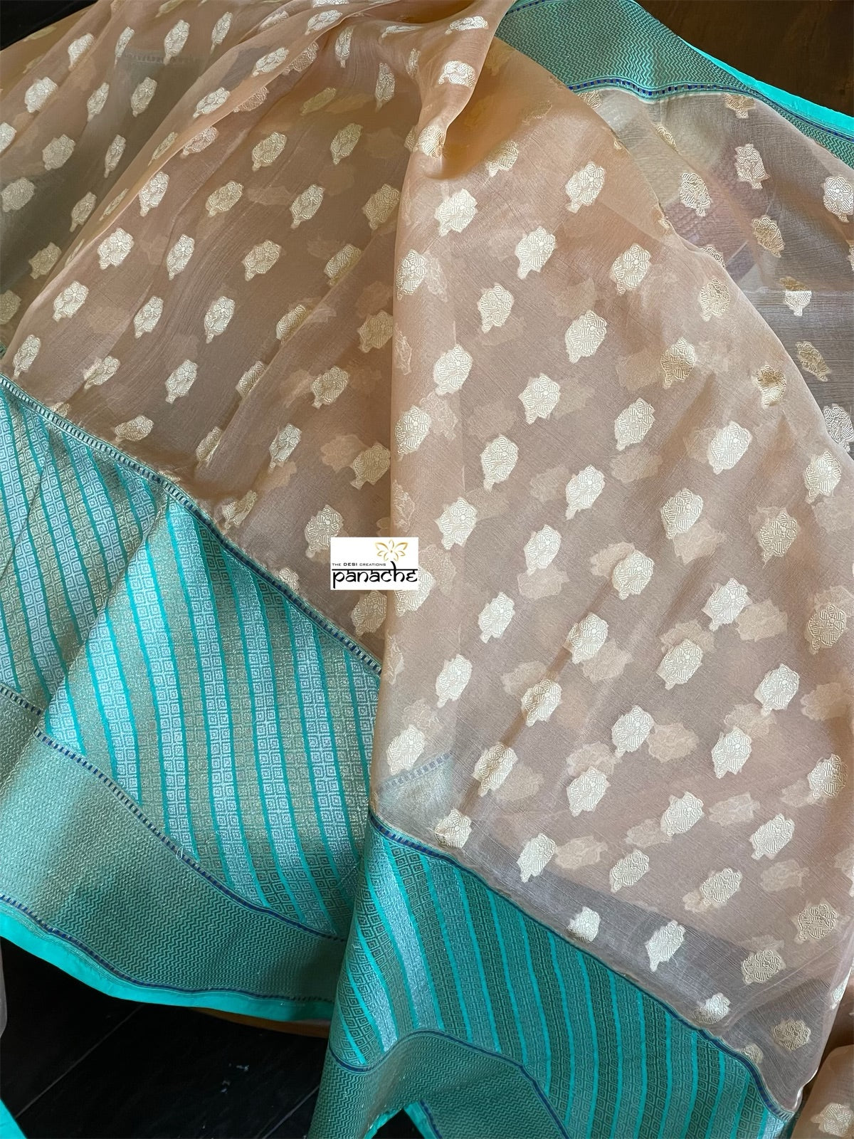 Organza Silk Banarasi - Light Peach Sea Green Antique Zari