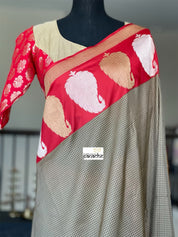Pure Silk Katan Banarasi - Sage Green Grey Checks Kadwa Paisley