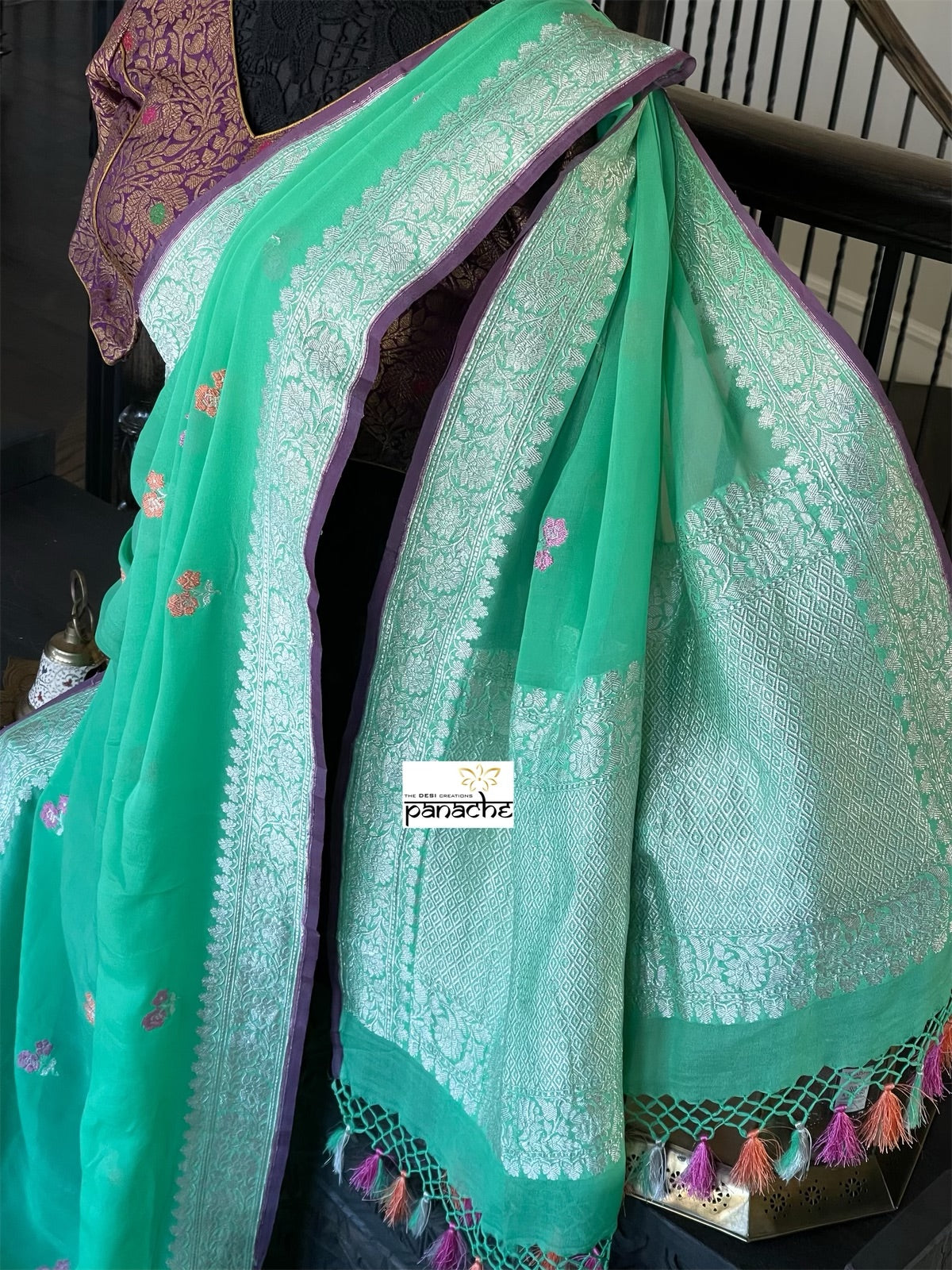 Khaddi Georgette Banarasi - Green Purple Khadhua Woven