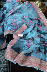 Designer Organza Satin Floral - Light Blue Peach