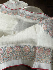 Handloom Silk Linen - White Madhubani printed Checkered