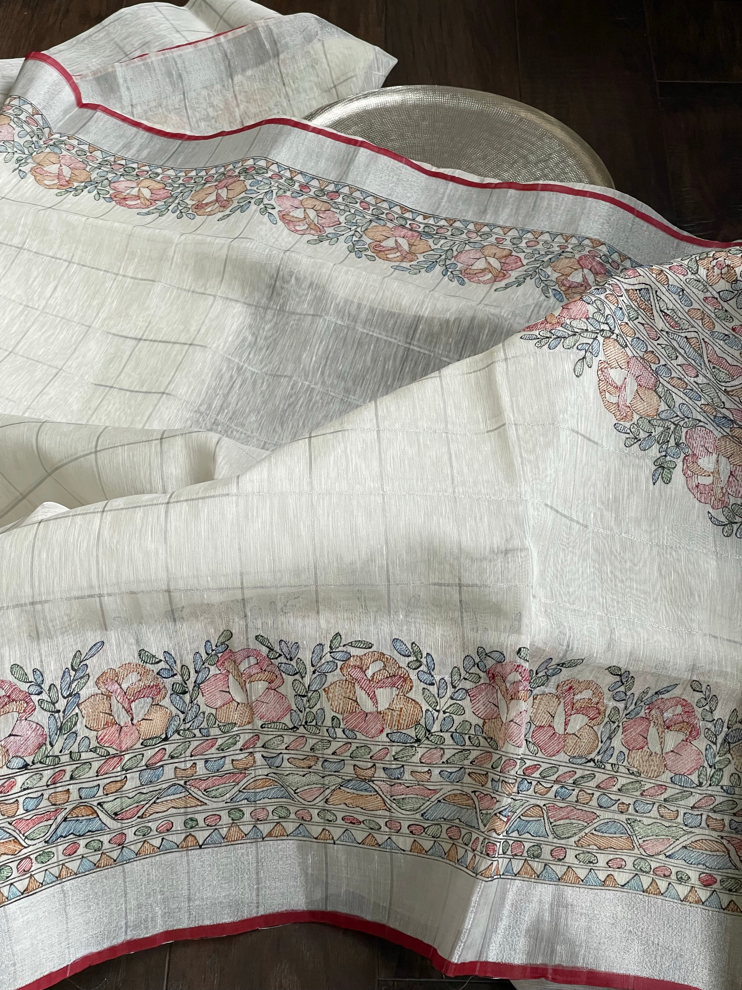 Handloom Silk Linen - White Madhubani printed Checkered