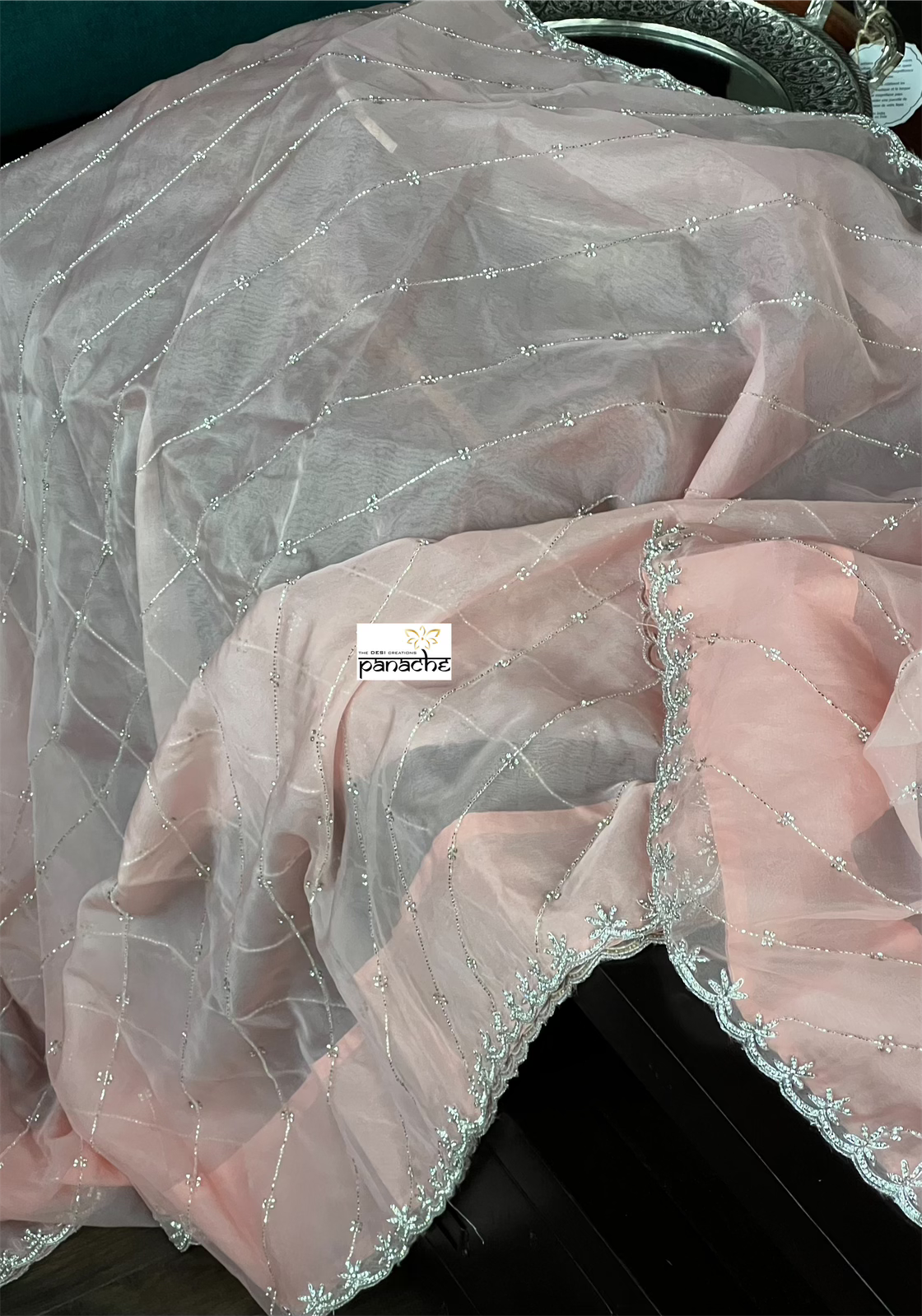 Designer Organza - Light Peach Pink Leheriya