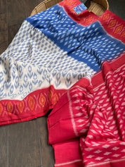 Pure Cotton Ikat  -  Off White Blue Red