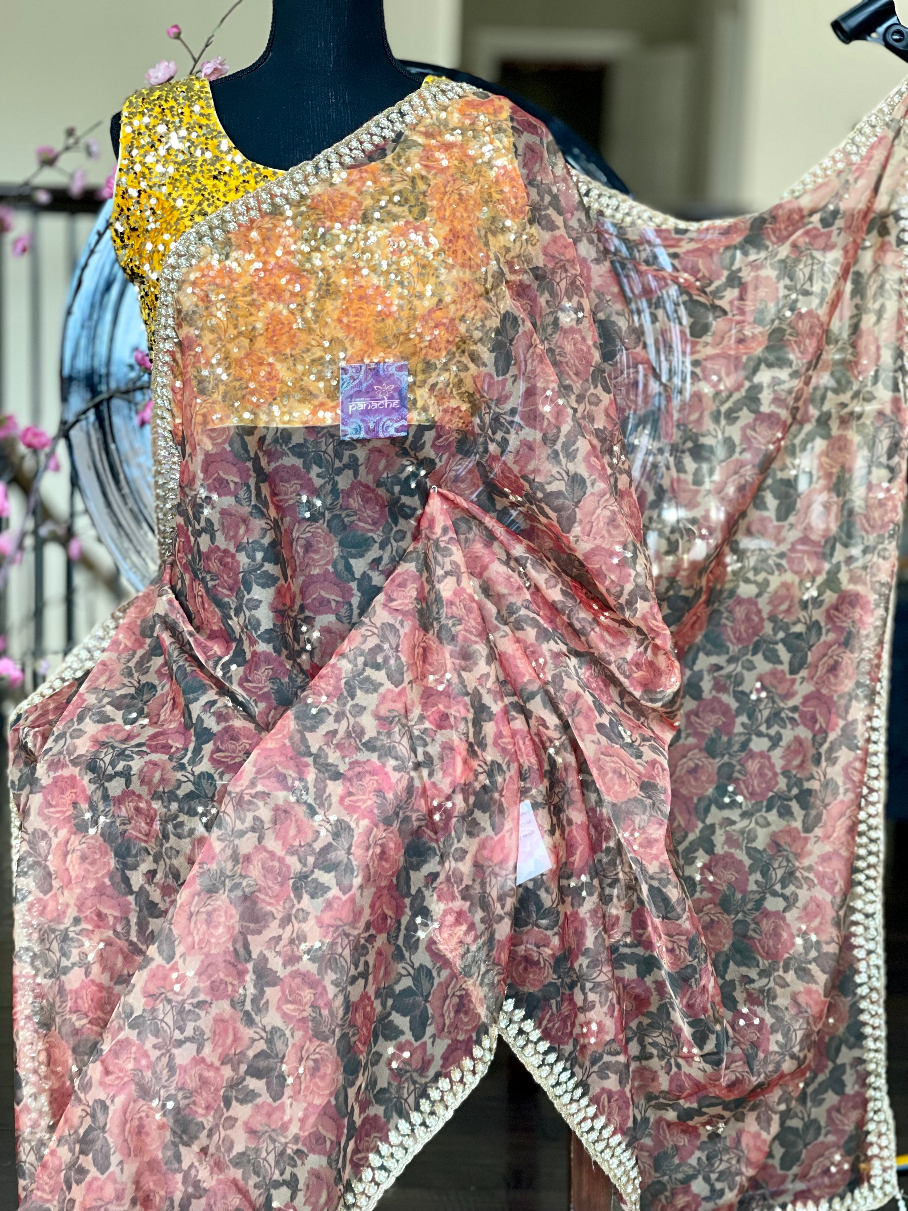 Designer Organza Floral - Maroon Multi Floral