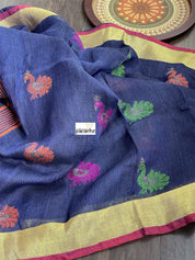Handloom Banarasi Linen -  Navy Blue Zari woven