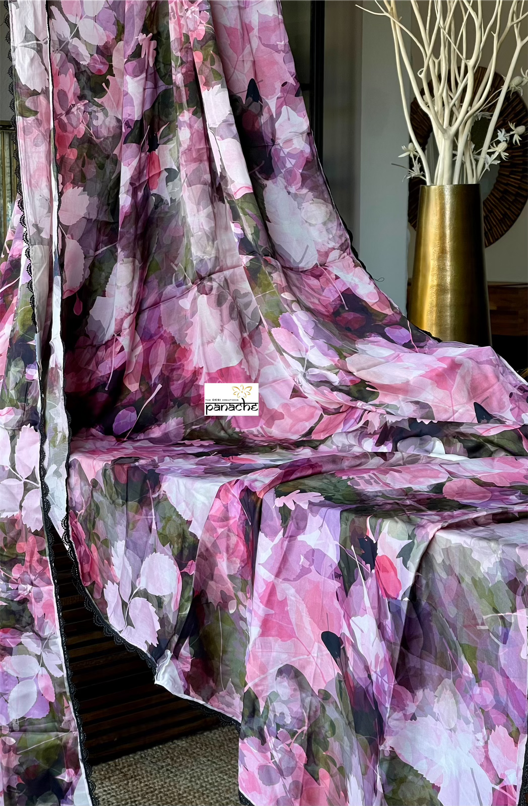 Designer Satin Maslin Silk - Green Pink Shaded Flower