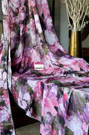 Designer Satin Maslin Silk - Green Pink Shaded Flower