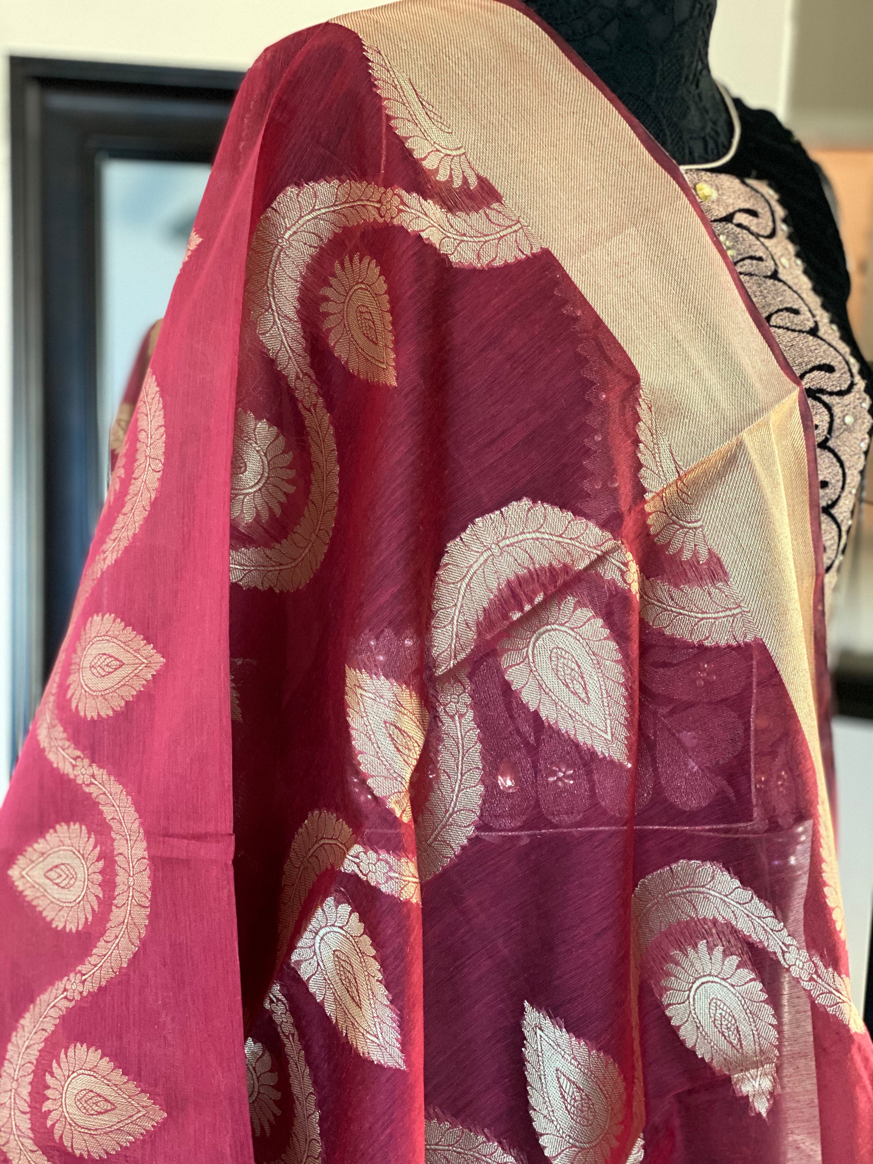 Silk Cotton Dupatta - Maroon 2 Golden Zari