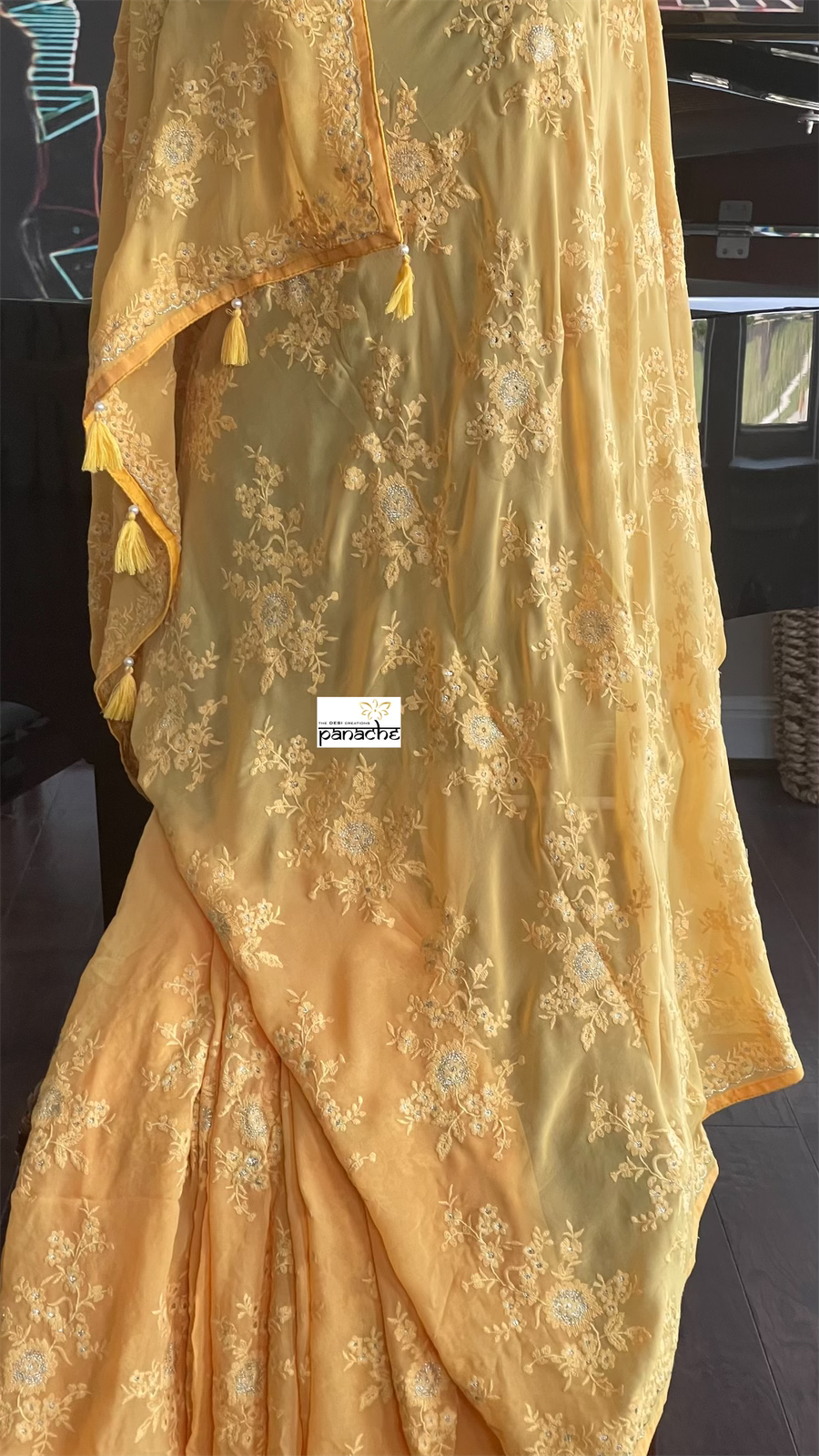 Designer Georgette Chikankari - Orange Yellow