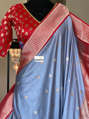 Katan Silk Banarasi - Bluish Grey Red