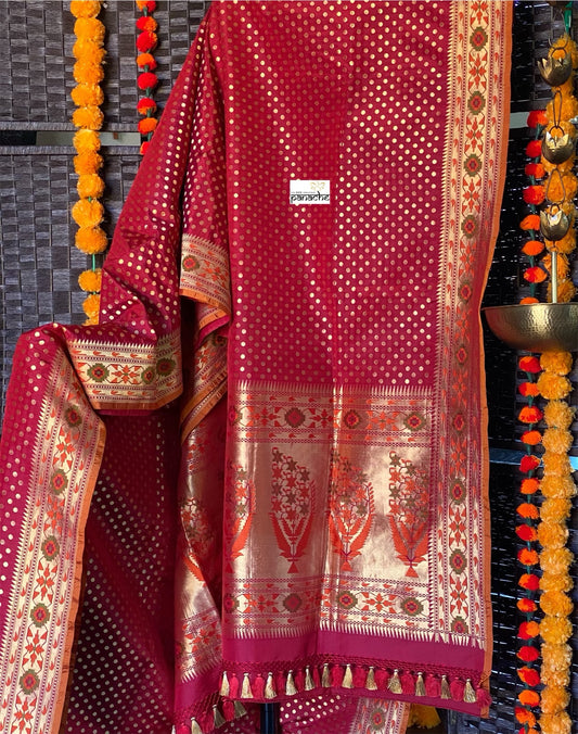 Silk Banarasi - Red Rusty Orange Paithani border