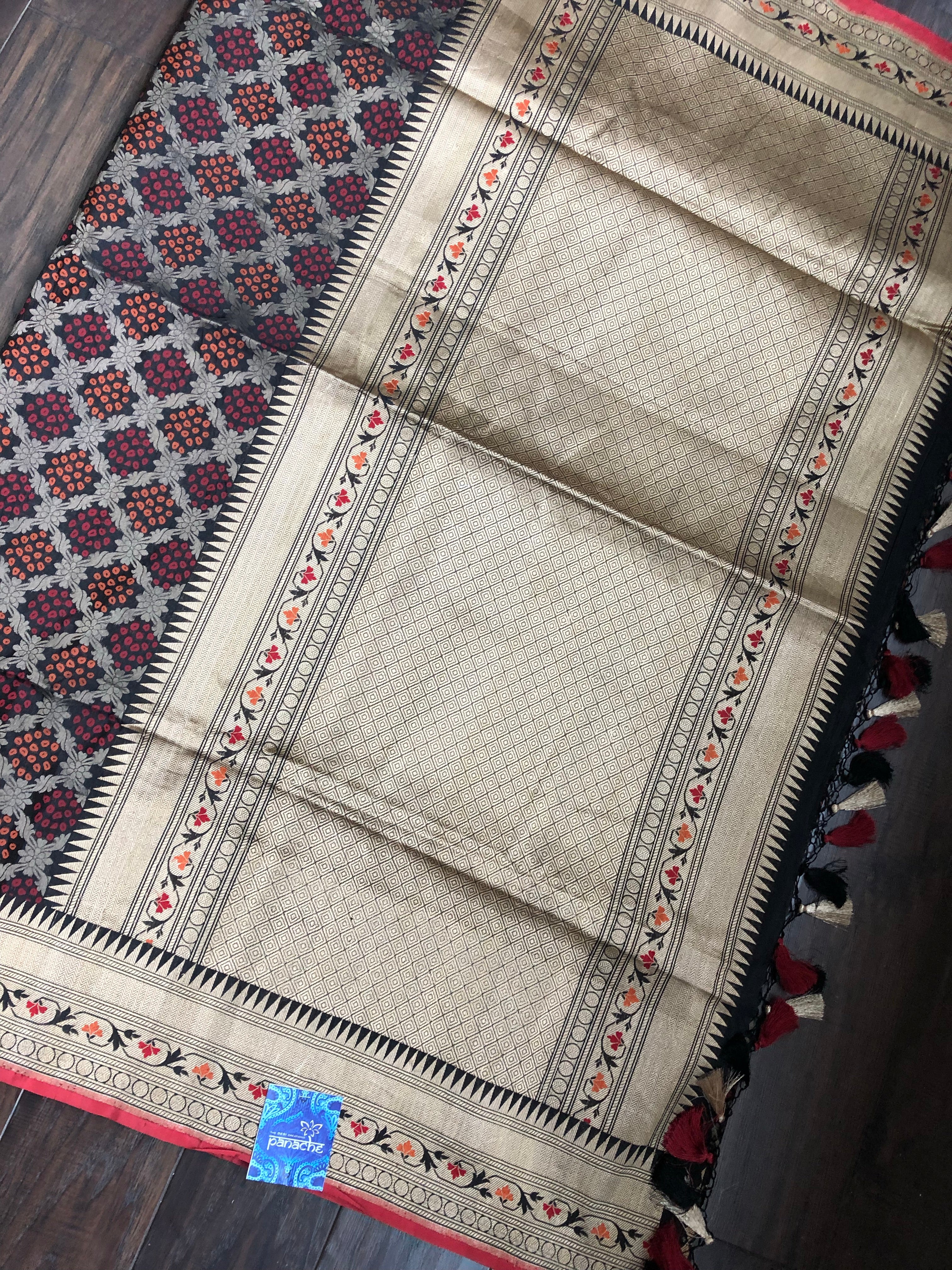 Katan Silk Banarasi - Black Bandhej Paithani Woven