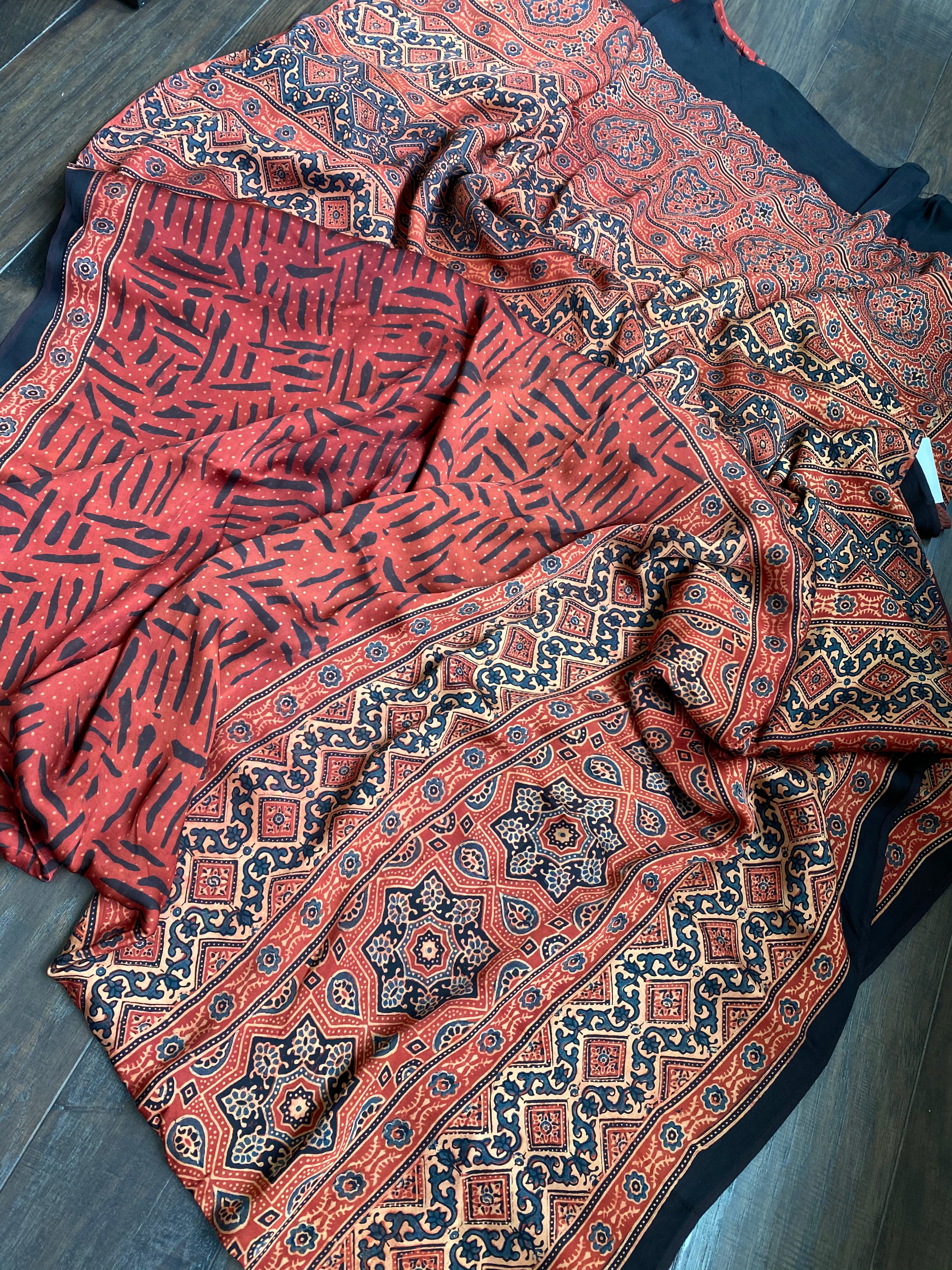 Silk Ajrakh - Maroon Black