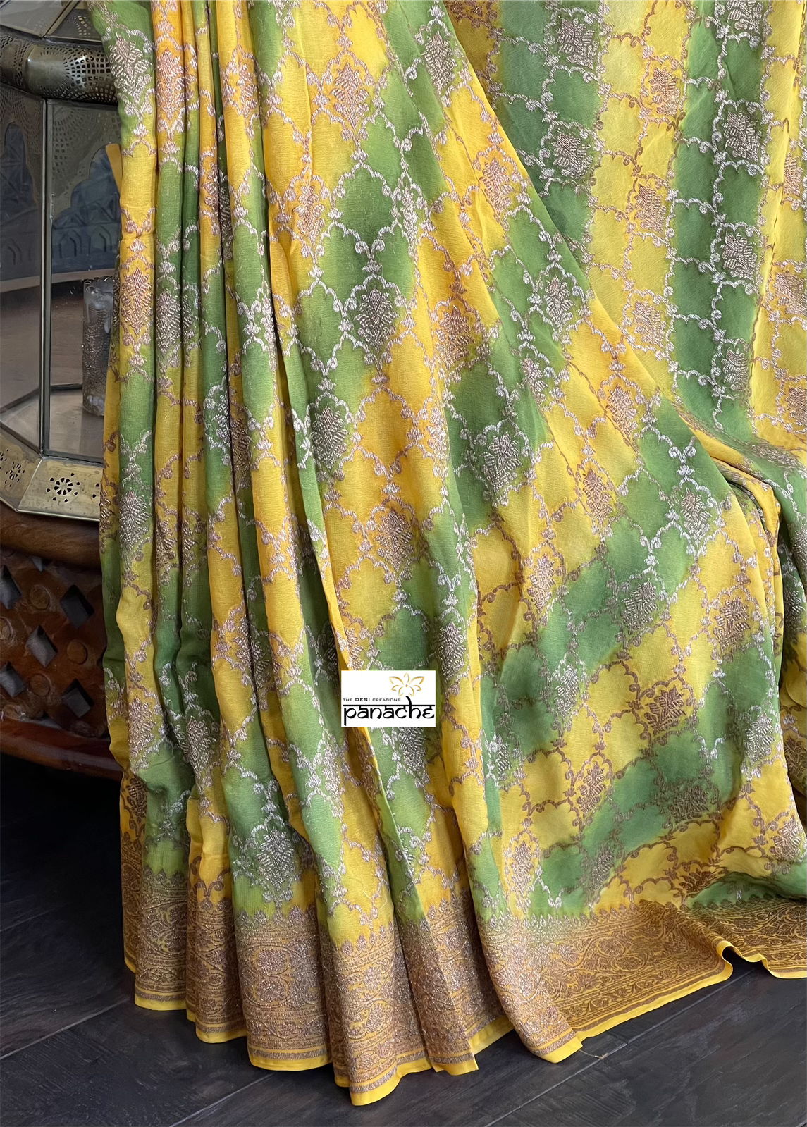 Khaddi Georgette Banarasi - Yellow Green Shaded