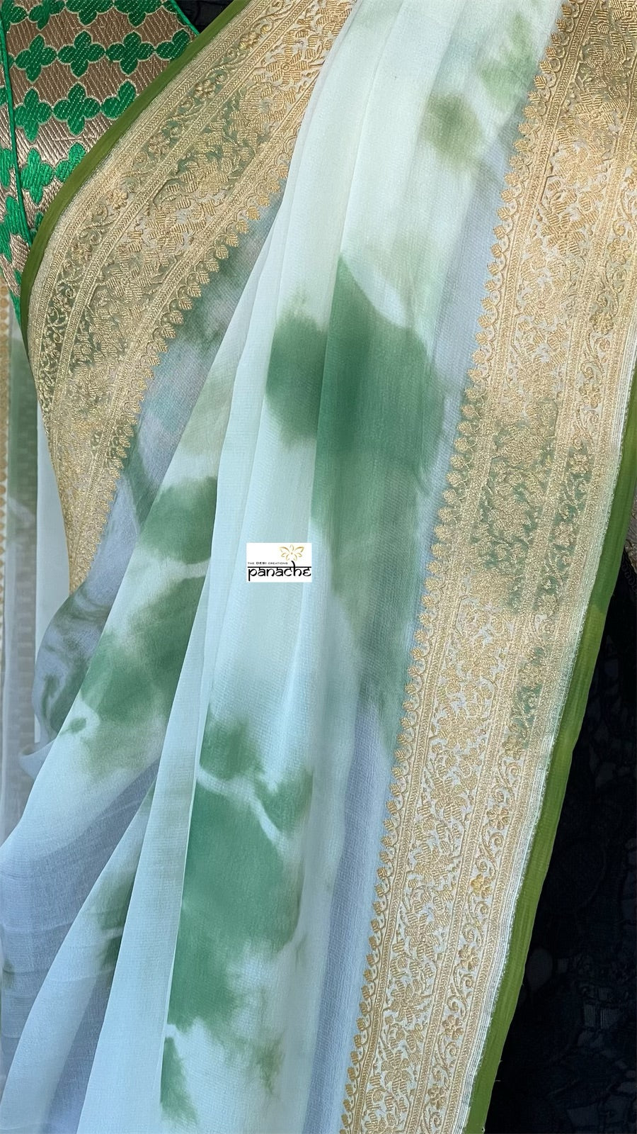 Khaddi Georgette Banarasi - Off-White Green Tie-dye Khadhua Woven