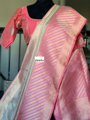 Pure Katan Silk Benarasi - Ivory Pink Golden Silver Zari