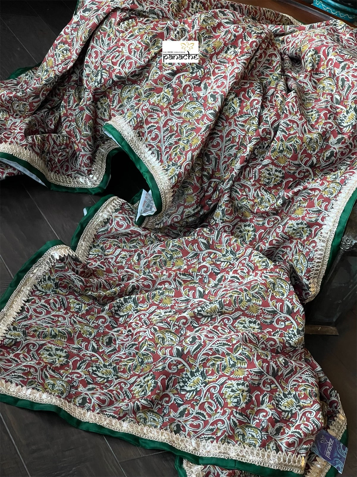 Designer Soft Silk - Green Maroon Kalamkari Printed